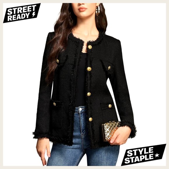 Jackets & Blazers - Tweed Blazer Jacket Elegant Casual Open Front Long Sleeve Collarless Pockets